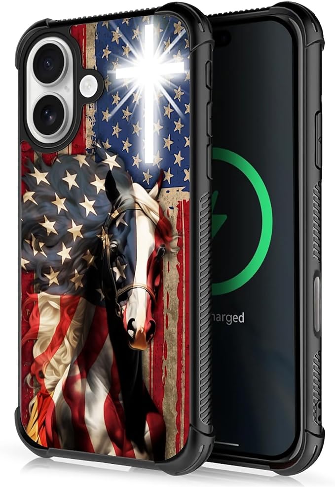 for iPhone 17 Case,for MagSafe Graphic Design for Girl Boy Soft Silicone Hard Acrylic Shock Protection Designed for iPhone 17 Red American Flag Horse Cross Pattern