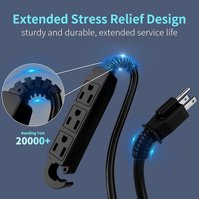 Energeaster 16/3 25 Ft 3 Outlet Extension Cord Outdoor Waterproof, Black Extension Cords with Multiple Outlets, 3 Prong with Multi Outlet Outside 13A 1625W 16AWG SJTW, ETL Listed