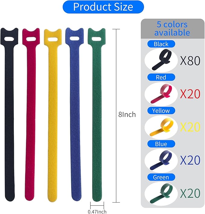 160PCS 8inches Cable Ties Reusable Multi-Colour Cord Straps Multi-Purpose Wire Ties Cord Wrap Hook and Loop Organizer Adjustable Cable Management