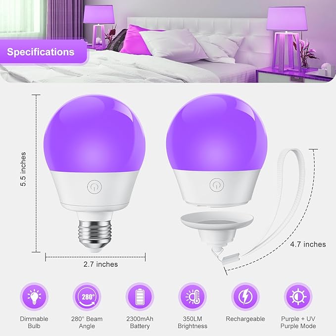 Brightown E26 Rechargeable UV Light Bulbs with Remote and Timer, 120V E26 Base UVA Level 385-400nm, Glow in The Dark for Blacklight Party, Body Pain, Halloween, Purple + UV Purple Mode, 2 Pack