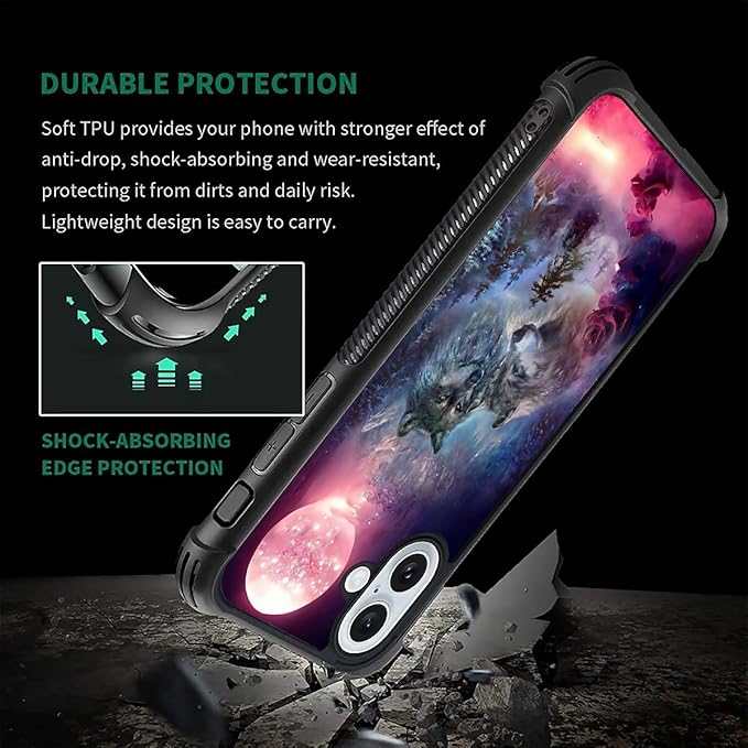 for iPhone 16 Plus Case, Star Two Wolfs Howling Pattern Graphic Design Girl Boy Soft Silicone Hard Acrylic Shock Protection for iPhone 16 Plus