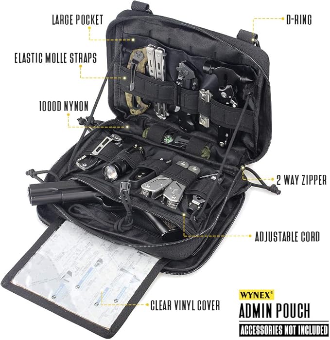WYNEX Tactical Molle Admin Pouch of Double Layer Design, Admin Pouches Molle Attachment Military Medical EMT Organizer with Map Pocket EDC EMT Pack IFAK Tool Holder Universal U.S.A Patch Included