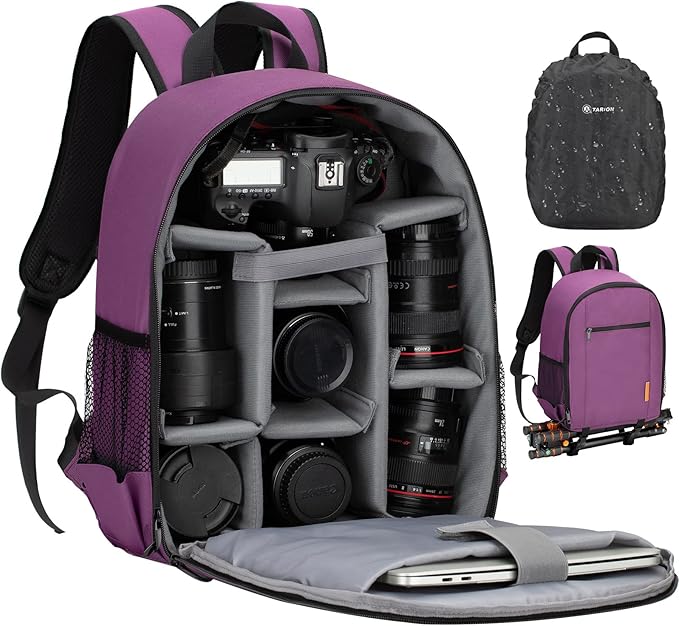 TARION Camera Bag Small Photography - Backpack for DSLR Mirrorless Cameras with 14 Inch Laptop Compartment Waterproof Rain Cover Bottom Tripod Holder for Men Women Photographers - Green TB-S