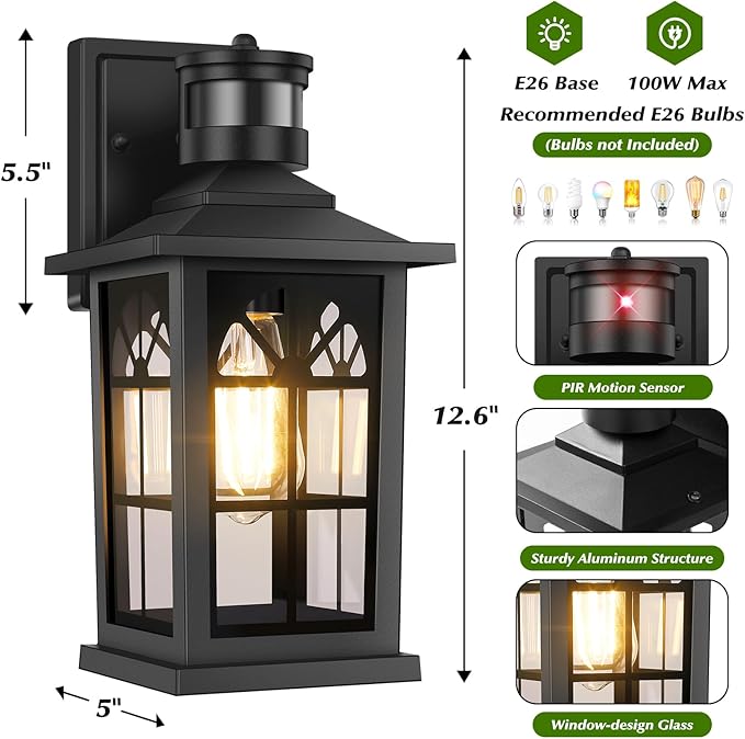 Motion Sensor Outdoor Light Fixture, Dusk to Dawn Porch Light Outdoor Wall Sconce Lantern, Aluminum Exterior Lighting Fixture Wall Mount, 3 Lighting Modes Outside Lights for House Front Door Garage