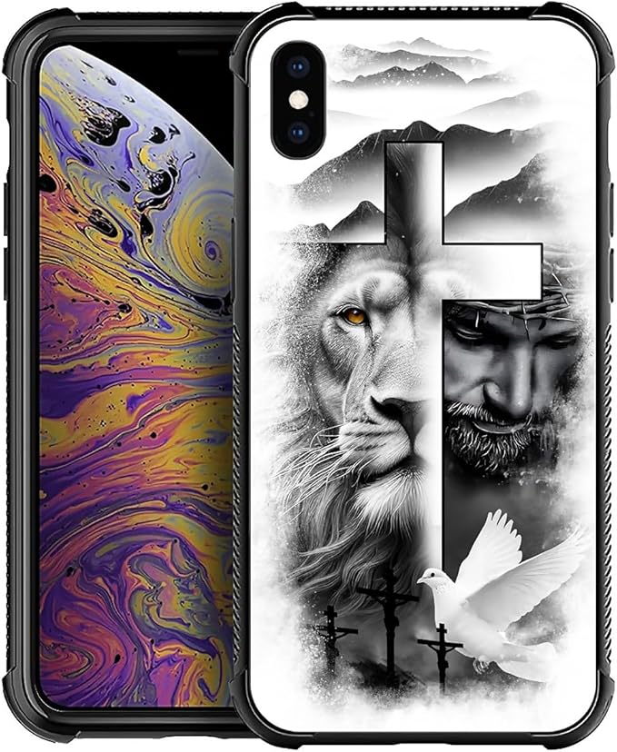 for iPhone X/Xs Case, Lion Cross Jesus Christ Dove Pattern Made of Soft Silicone Hard Acrylic Shock Protection for iPhone X/Xs