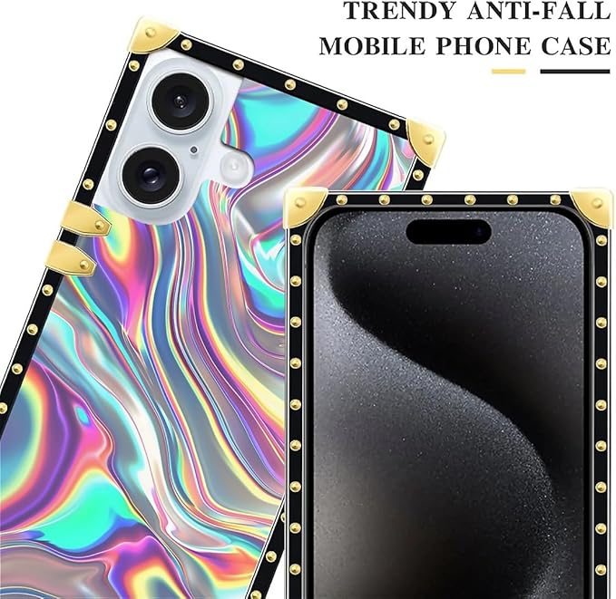 Compatible with iPhone 16 Case, Holographic Abstract Iridescent Textures Luxury Golden Decoration for Girl Women Soft TPU Shockproof Protective Hard PC Back