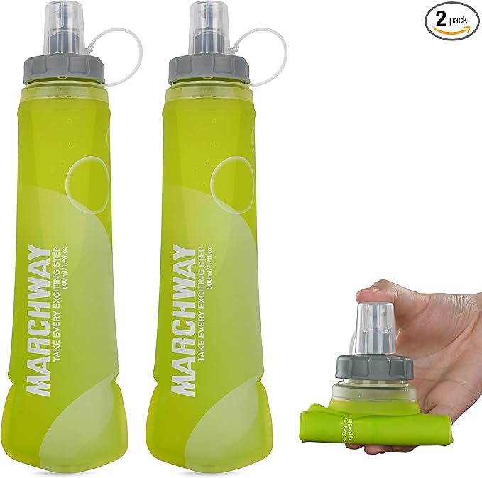 MARCHWAY Soft Hydration Flask with Wide Mouth, 300ml/500ml Collapsible TPU Water Bottle, Leakproof Portable Flexible for Running, Hiking, Cycling, Climbing, Gym, Travel (2pcs Yellow 300ml)