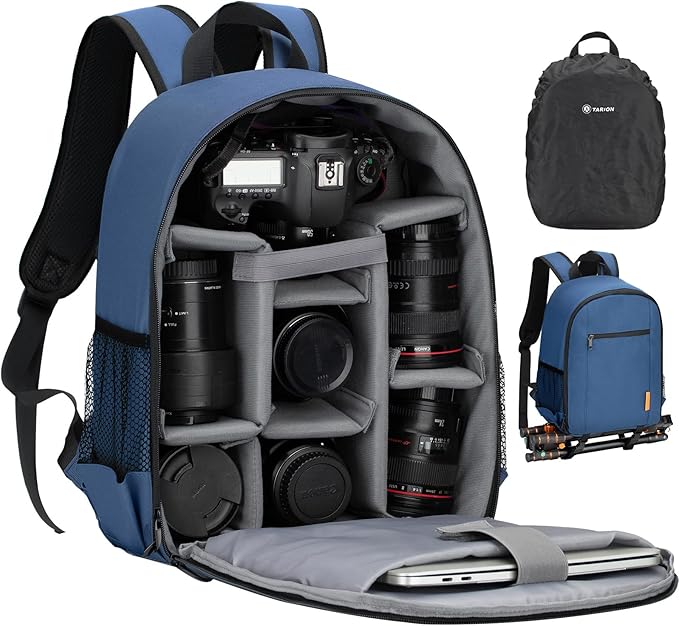 TARION Camera Bag Professional Camera Backpack Case with Laptop Compartment Waterproof Rain Cover for DSLR SLR Mirrorless Camera Lens Tripod Photography Backpack for Women Men Photographer Blue TB-S