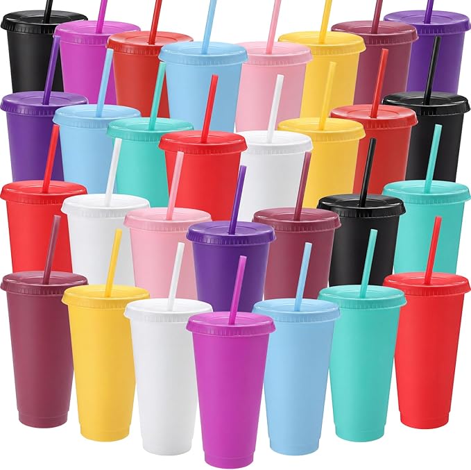 30 PCS 24oz Bulk Plastic Tumblers with Snap Lids, Commercial-Grade Coffee Cups, Durable Reusable Drinkware for Restaurant, Office Use & Outdoor Events(Solid Color)