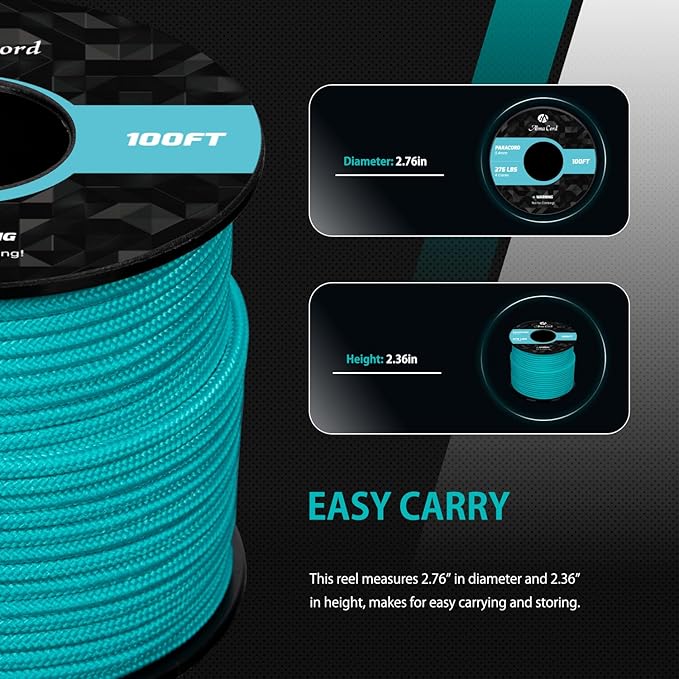 Abma Cord 2.4mm Paracord 275 100ft Nylon Rope 4 Strands Tactical Parachute Cord - Max. 275lbs - Turquoise