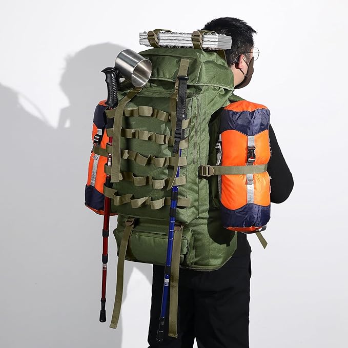 70L/100L Camping Hiking Backpack with Rain Cover, Expandable Large Military Tactical Backpack, Waterproof Molle Racksack Travel Backpacking Daypack for Climbing Trekking (Green)