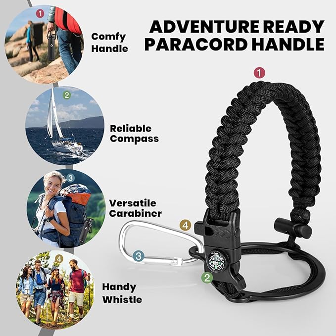 RAYMYLO Insulated Water Bottle 24oz, Triple Wall Vacuum Stainless Steel (Cold for 24Hrs, Hot for 12Hrs), Leak Proof & Non-BPA, 24oz Hydro Water Flask with Paracord Handle & Straw Spout Lids