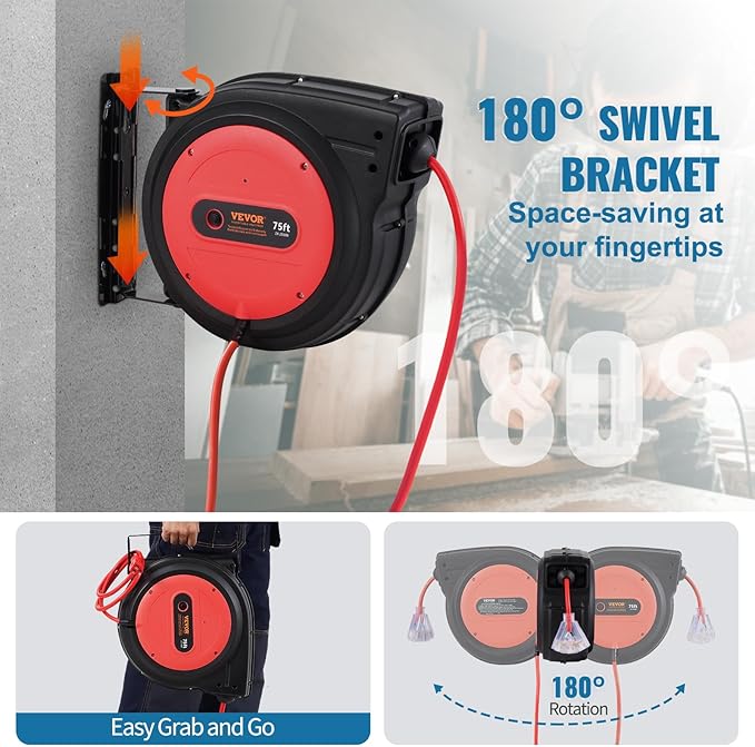 VEVOR 75FT Retractable Extension Cord Reel, 14AWG/3C SJTOW Heavy Duty Power Cord w/Lighted Electrical Triple Tap Outlets, 13A Circuit Breaker,180° Swivel Bracket for Workshop or Garage, Red