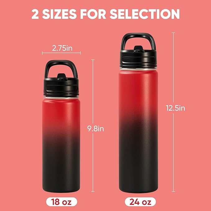 Fijinhom 24oz Insulated Stainless Steel Water Bottle with Straws, Double Wall Vacuum Insulated Bottles, Metal Thermo for Travel, Sports, Leak-Proof, BPA Free, Women & Men, Red Gradient