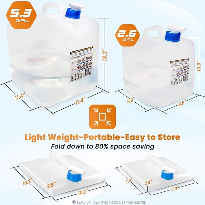 Collapsible Water Container with Spigot, BPA Free, Food Safe Camping Water Storage Cube Jug for Outdoor Hiking Hurricane & Emergency Survival Kit, Portable Foldable Canteen