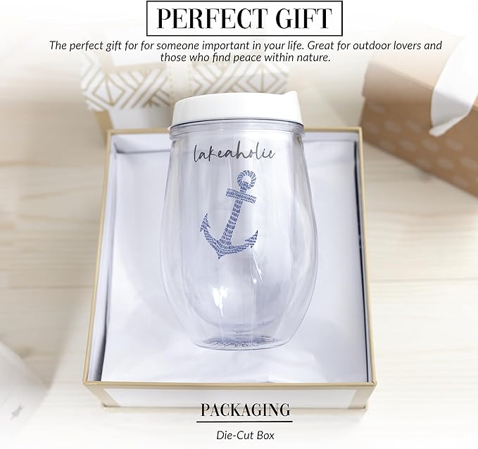 Pavilion Gift Company - Lakeaholic - 12 oz Wine Glass With Lid Wine Lover Kitchenware Lake Lover Lakefront Waterfront Outdoors Anchor Nautical Drinkware