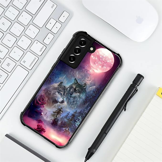 for Samsung Galaxy S21 Case, Star Two Wolfs Howling Pattern Graphic Design Girl Boy Soft Silicone Hard Acrylic Shock Protection for Samsung Galaxy S21