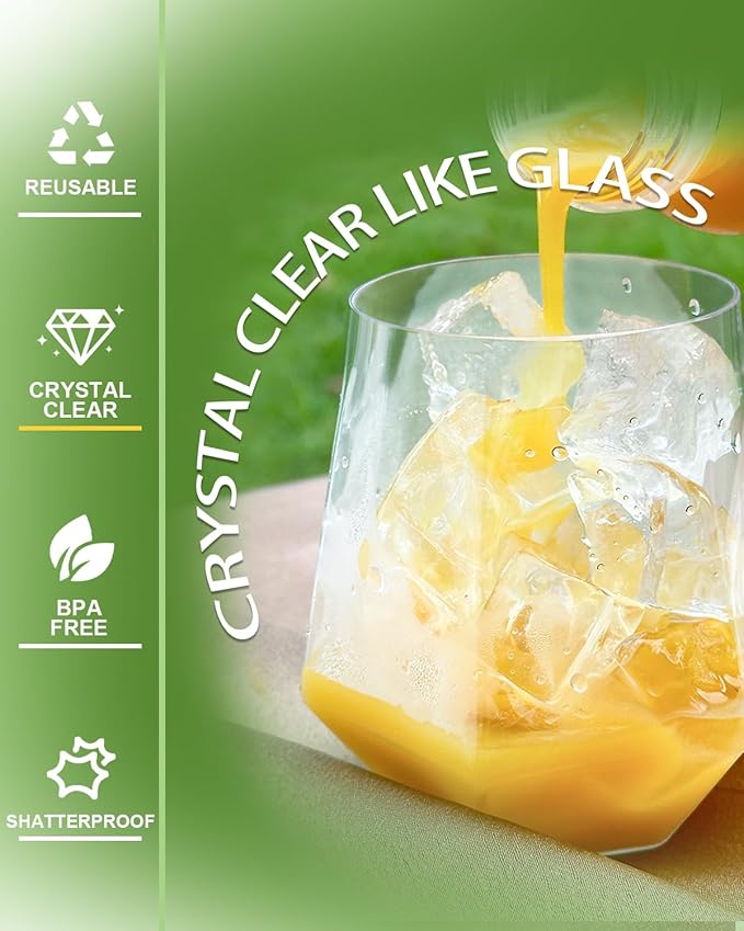 Maaacute 40 Pack Plastic Stemless Wine cocktail Whiskey Champagne Glasses, 12 Oz Disposable Clear Unbreakable Cups for Party Bars Wedding Tasting (Diamond-shaped)