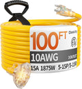100 ft 10 Gauge Heavy Duty 3 Outlet Extension Cord Splitter with Indicator, Waterproof Outdoor Extension Cord with Multiple Outlets, 15A 1875W for Workshop, ETL Listed, Flexible Yellow SJTW