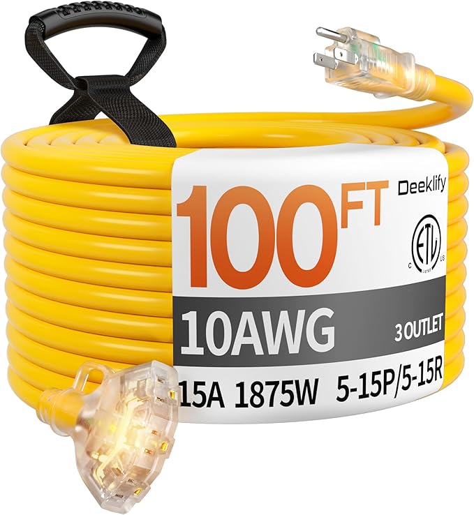 100 ft 10 Gauge Heavy Duty 3 Outlet Extension Cord Splitter with Indicator, Waterproof Outdoor Extension Cord with Multiple Outlets, 15A 1875W for Workshop, ETL Listed, Flexible Yellow SJTW