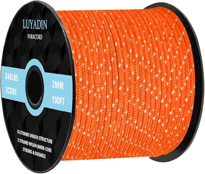 Reflective Paracord 240lb - Diameter 2mm Micro Utility Cord -3 Strand Parachute Spool Cord - 100ft 200ft,Paracord for Camping,Hiking,Fishing,Outdoor and DIY