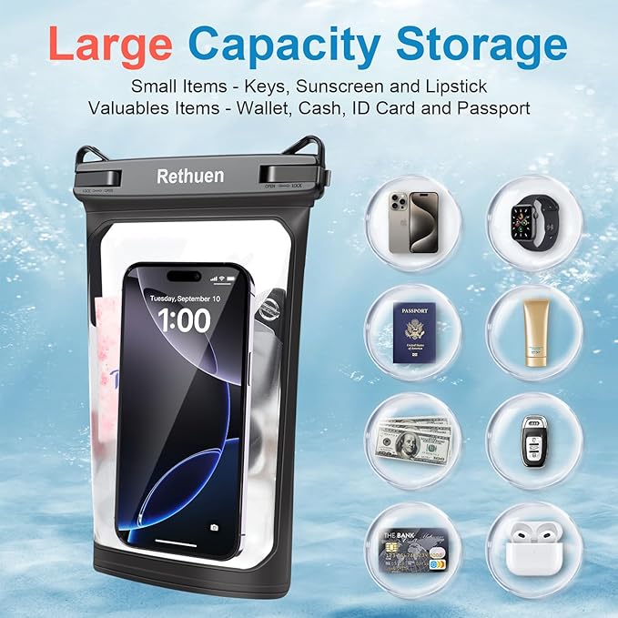 Large Floating Waterproof Phone Pouch, 2Pack Cell Phone Dry Bag for iPhone 17 16 15 14 13 Pro Max Galaxy S24 S23 S22 All Phones, Float Water Proof Bag for Beach Water Park (Black + Lime Green)