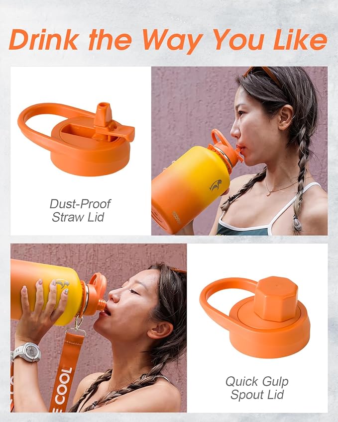 Coolflask Half Gallon Water Bottle with Strap, 64oz Insulated Water Jug Stainless Steel with Straw & Spout Lids, Metal Large Water Flask, Keep Cold 48h Hot 24h, Leak Proof, Non-BPA, Yellow/Orange