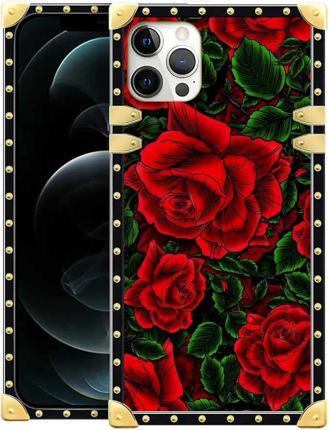 Compatible with iPhone 11 Pro Max Case, Vector Red Rose Green Leaf Luxury Golden Decoration for Girl Women Soft TPU Shockproof Protective Hard PC Back for iPhone 11 Pro Max