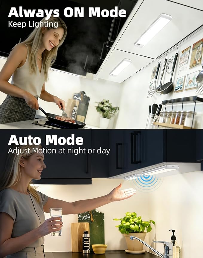 RUIKORING 8.5" Under Cabinet Lighting 6 Pack, 3 Colors, Motion Sensor Light Indoor,48 LED Rechargeable Closet Lights, Dimmable Under Counter Lights, Stick-On Magnetic Cabinet Night Lights for Kitchen