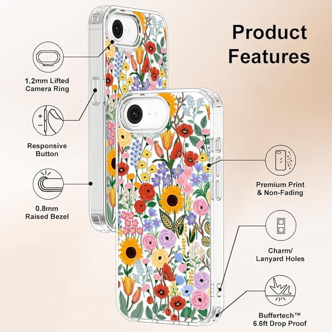 MOSNOVO for iPhone 17e Case/iPhone 16e Case, Shockproof Military-Grade Protection 6.6ft Drop Tested, Clear Phone Case for iPhone 16e / iPhone 17e, Blossom & Bloom Design