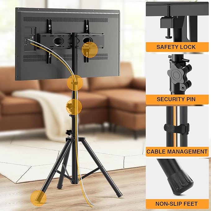 Tripod TV Stand for 23-75 inch Flat Screen/Curved TVs up to 100 lbs, Outdoor TV Stand with ±15° Tilt, Height Adjustable Portable TV Stands with Safety Design, Max VESA 600x400m, Black