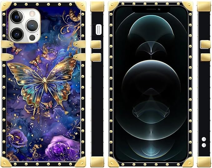 Compatible with iPhone 12 Case, Glistening Golden Butterfly Vibrant Purple Blue Luxury Golden Decoration for Girl Women Soft TPU Shockproof Protective Hard PC Back