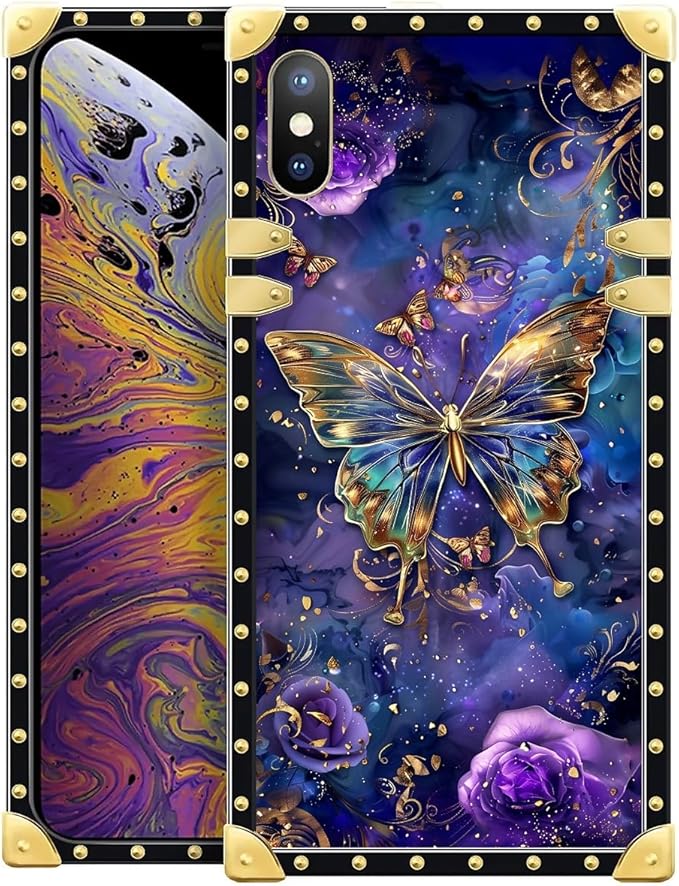 Compatible with iPhone Xs Max Case, Glistening Golden Butterfly Vibrant Purple Blue Luxury Golden Decoration for Girl Women Soft TPU Shockproof Protective Hard PC Back