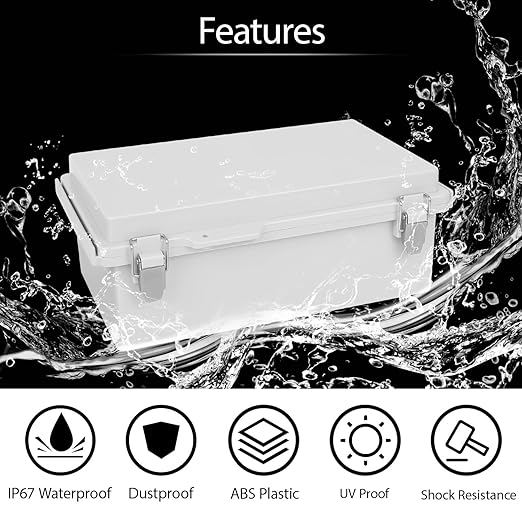 LeMotech Electrical Box, IP67 Waterproof Hinged Cover Stainless Steel Latch Junction Box, ABS Plastic Electrical Enclosure with Mounting Plate,Wall Brackets, Cable Glands, 10.2"x6.3"x3.9", Grey