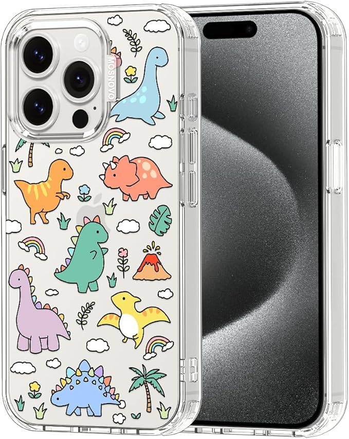 MOSNOVO for iPhone 15 Pro Case | Military Grade 6.6ft Drop Tested | Clear with Dinosaur Land Design