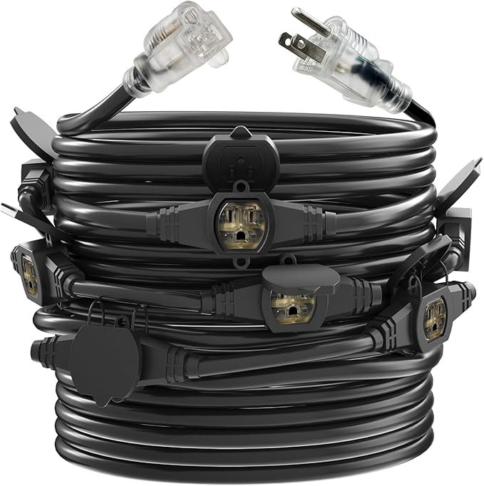 50FT Outdoor Extension Cord, 12 Gauge SJTW 5-15R Cable Male Plug to Female Connector,12 Evenly-Spaced Outlets Plug,Suitable for Stage Setting or Outdoor,UL Certified Outlet Cable