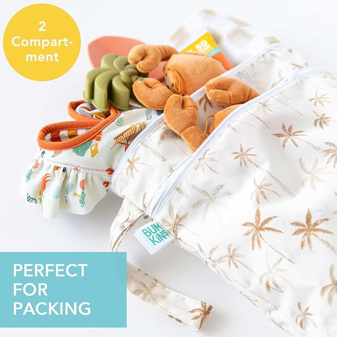 Bumkins Waterproof Wet Dry Bag for Baby, Travel, Swim Suit, Cloth Diapers, Pump Parts, Pool, Beach, Gym Clothes, Toiletry, Hook to Stroller, Daycare, Zipper Reusable Wetdry Packing Pouch, Palm Trees