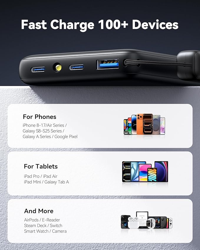 INIU Portable Charger, Ultra Slim 45W Fast Charging with Attached USB C Cable, Flight-Safe 10000mAh PD Power Bank Battery Pack, Travel Essential Phone Powerbank for iPhone 17 16 Samsung S25 Google etc