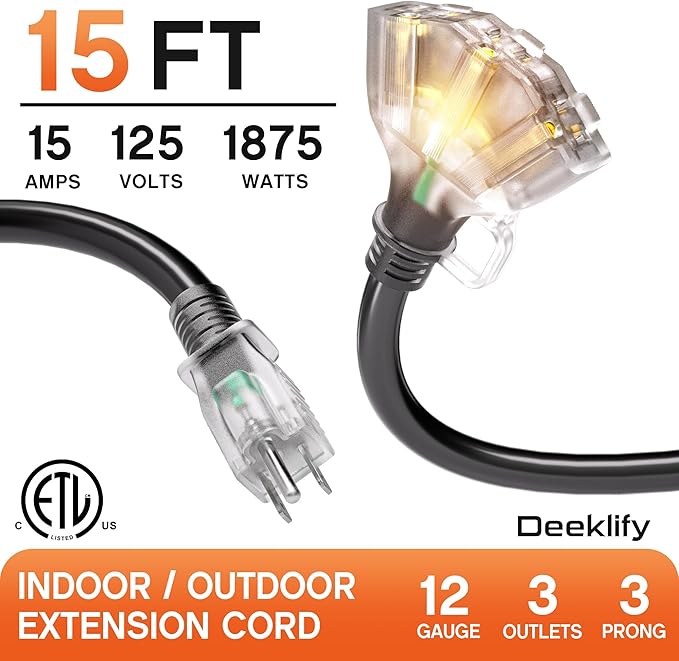 15 ft 12 Gauge Heavy Duty 3 Outlet Extension Cord Splitter with Indicator, Waterproof Outdoor Extension Cord with Multiple Outlets, 15A 1875W for Home & Workshop, ETL Listed, Black SJTW