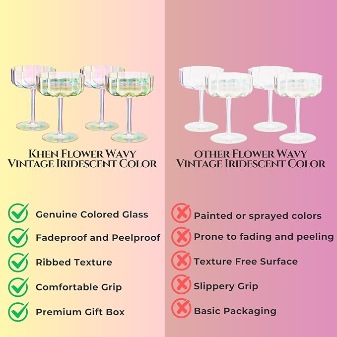 Khen Shatterproof Acrylic Flower Wavy Vintage Art Deco Martini, Champagne & Cocktail Iridescent Rainbow Plastic Tritan Coupe Glasses | 4 Set | 8.5oz Glassware Classic Cocktail Indoor & Outdoor Set
