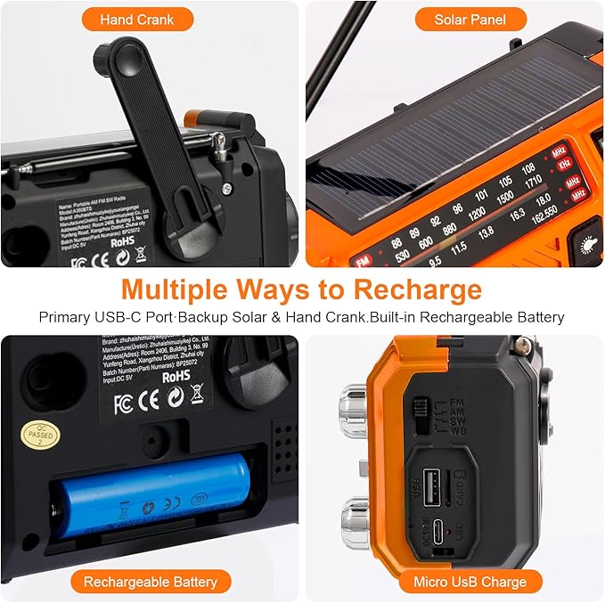 Hand Crank Emergency Weather Radio with 2600mAh/9620mWh Power Bank, NOAA AM FM Shortwave Portable Radio, Solar & USB-C Charging, Flashlight, SOS Alarm for Emergency Kits (Orange)