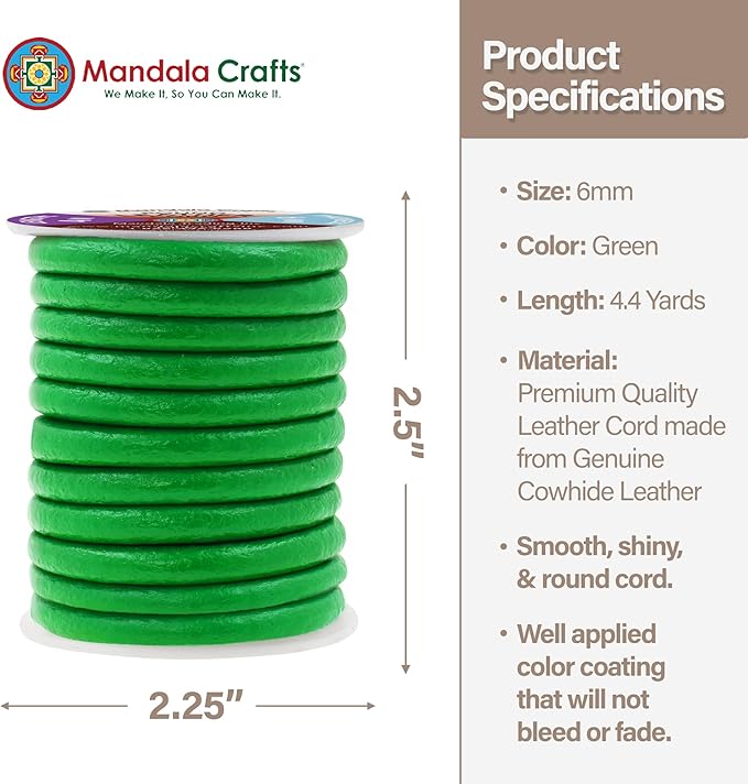 Mandala Crafts Round Genuine Green Leather Cord for Jewelry Making – 6mm Cowhide Leather Rope String Lace for Kumihimo – 4.4 Yards Cowhide Craft Cording Spool