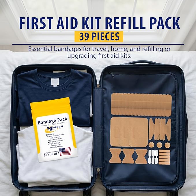 MFASCO First Aid Kit Bandage Refill Pack - Comprehensive Assorted Fabric Bandaids - Small Bandaids for On-the-Go - Reliable First Aid