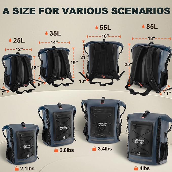 OSAH DRYPAK Waterproof Backpack Dry Bag 25L/35L/55L/85L – Heavy Duty Roll-Top Hiking Backpack Sack Keeps Gear Dry for Travel, Kayaking, Boating, Camping, Rafting and Fishing