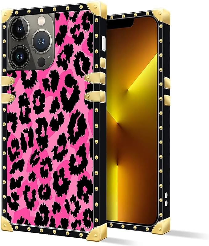 Compatible with iPhone 13 Pro Max Case, Pink Black Leopard Luxury Golden Decoration for Girl Women Soft TPU Shockproof Protective Hard PC Back for iPhone 13 Pro Max