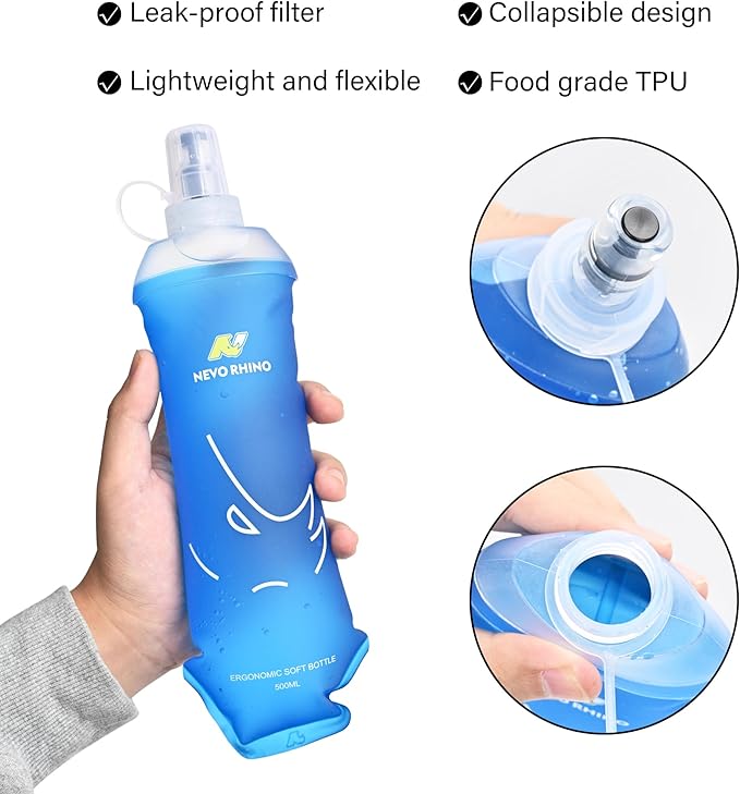 N NEVO RHINO 2PCS Soft Flask, 17oz/500ml TPU Running Water Bottle for Hydration Vests and Running Packs, Leak-proof BPA-Free Collapsible Water Bottles for Running, Hiking, Cycling, Climbing