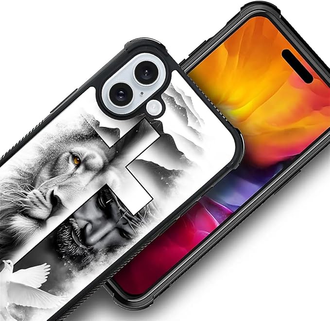 for iPhone 16 Case, Lion Cross Jesus Christ Dove Pattern Graphic Design Girl Boy Soft Silicone Hard Acrylic Shock Protection for iPhone 16