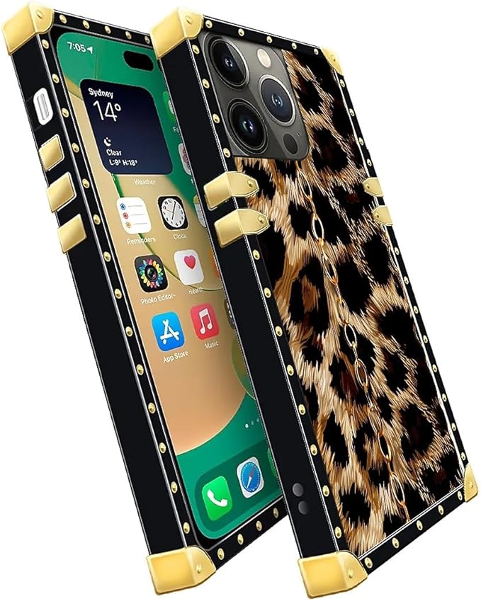 Compatible with iPhone 14 Pro Max Case, Seamless Gold Chain Leopard Luxury Golden Decoration for Girl Women Soft TPU Shockproof Protective Hard PC Back for iPhone 14 Pro Max