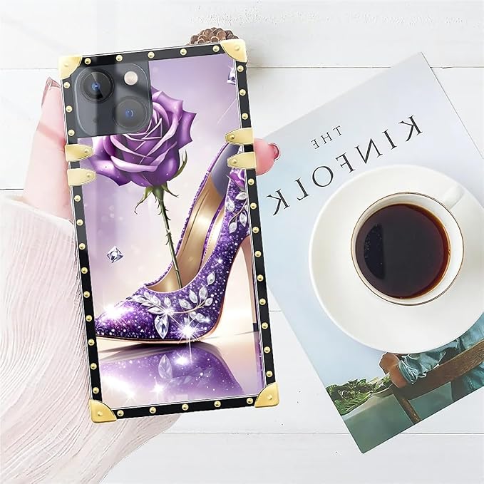 Compatible with iPhone 15 Case, High Heeled Purple Diamond Rose Luxury Golden Decoration for Girl Women Soft TPU Shockproof Protective Hard PC Back for iPhone 15