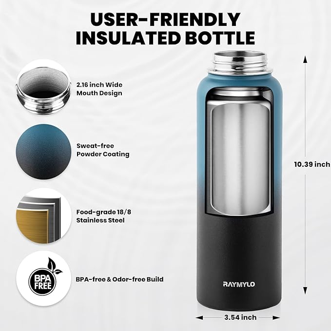 RAYMYLO Insulated Water Bottle 40 oz, Triple Wall Vacuum Stainless Steel (Cold for 36Hrs, Hot for 18Hrs), Leak Proof & Non-BPA, Modern Water Flask Jug with Paracord Handle & Straw Spout Lids